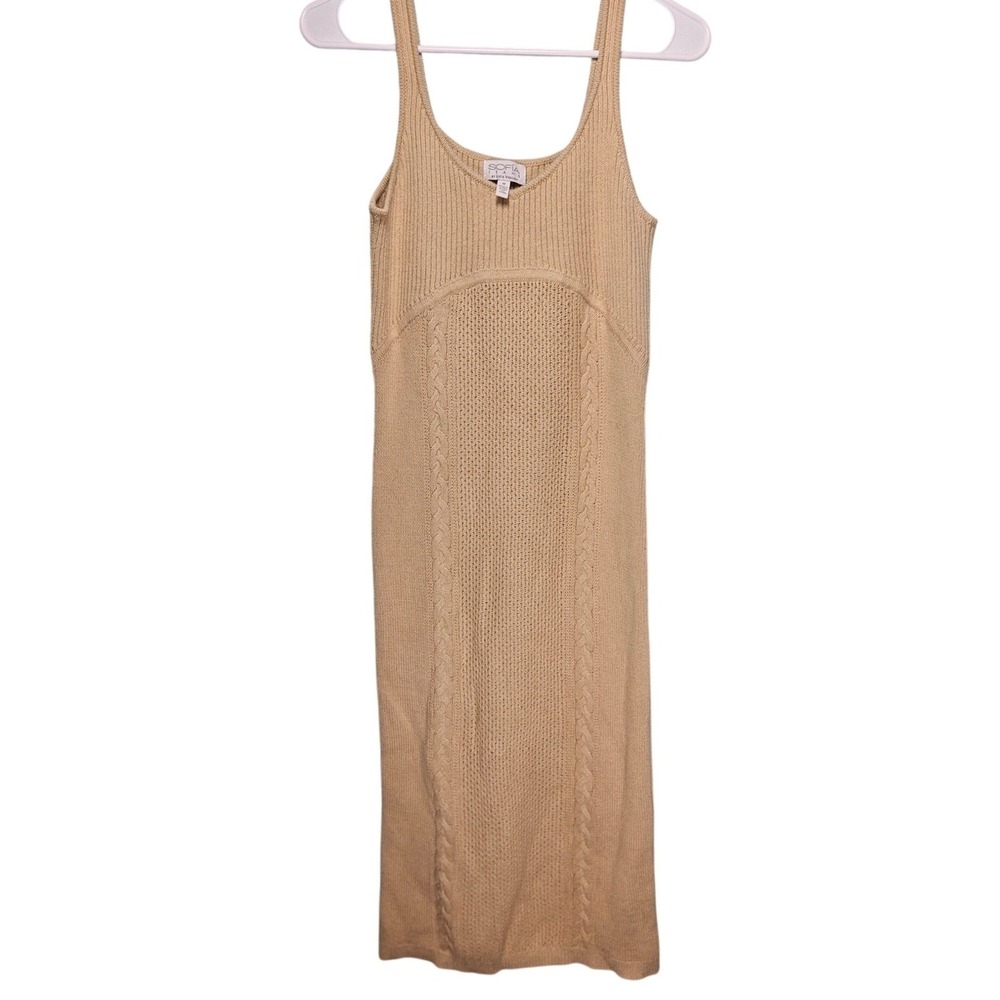 Sofia Jeans Beige Cable Knit Ribbed Sleeveless Midi Sweater Dress M Bodycon Chic